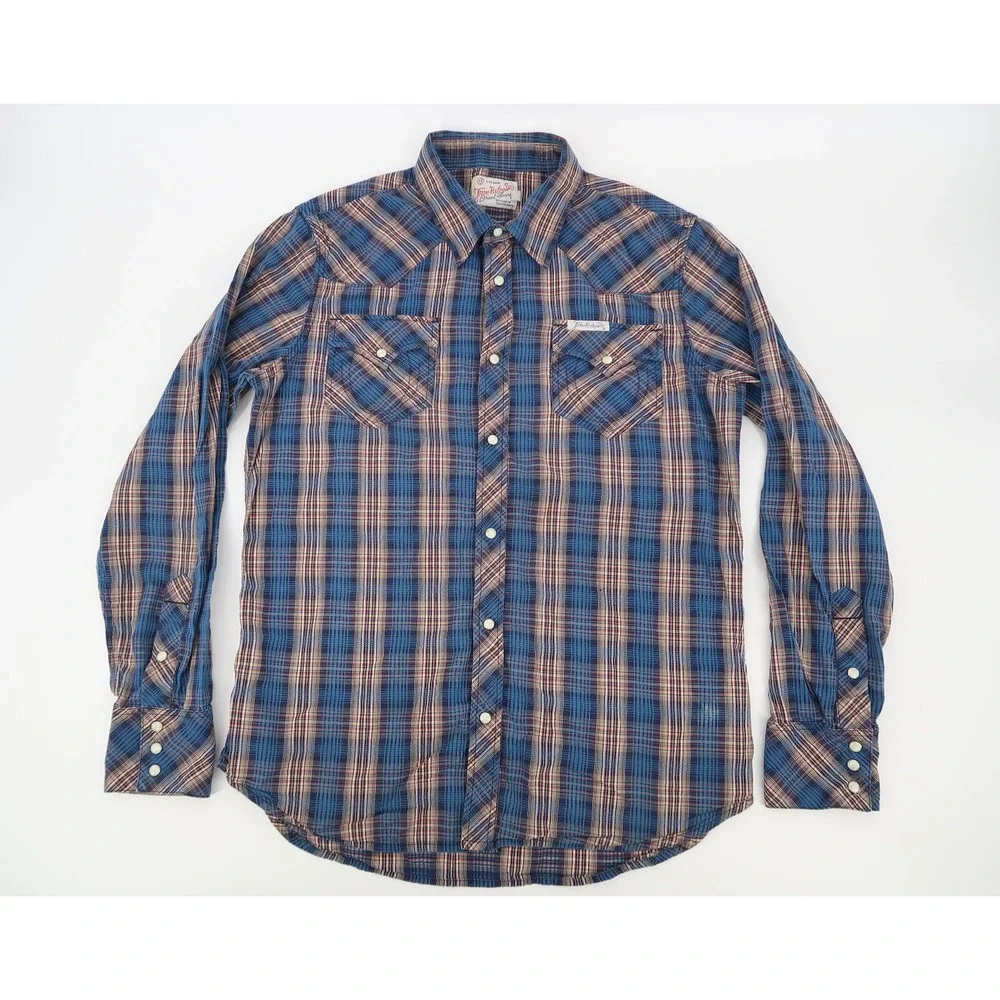 True Religion Men's XL‎ Western Pearl Snap Button Blue Plaid Long Sleeve Shirt